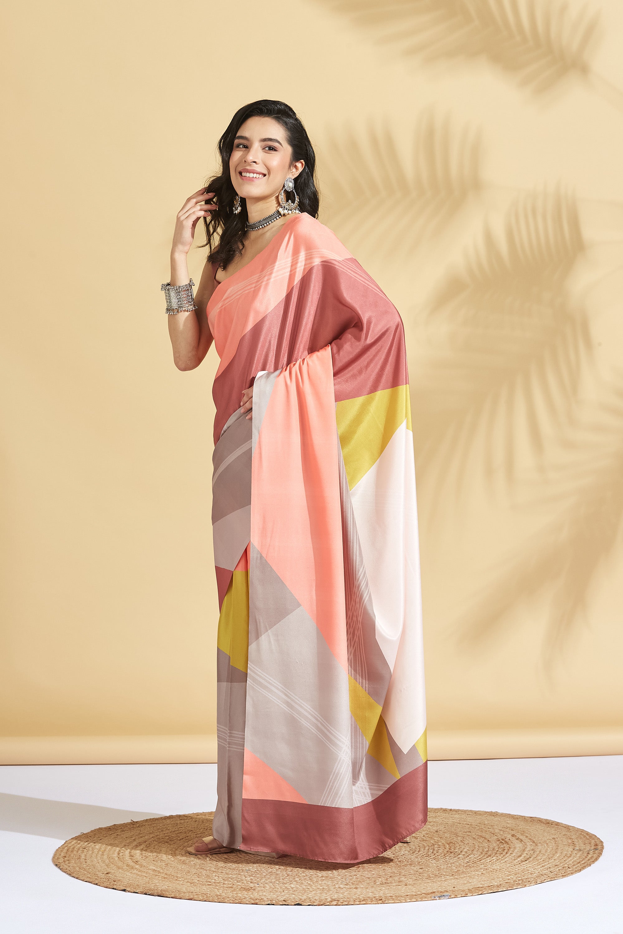 Digital Printed Colorblocked Satin Crepe Saree