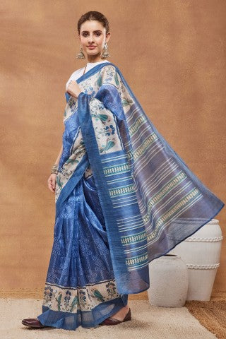 Blue Color Warli Printed Silk Blend Ready to Wear Saree