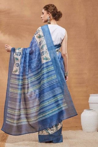 Blue Color Warli Printed Silk Blend Ready to Wear Saree