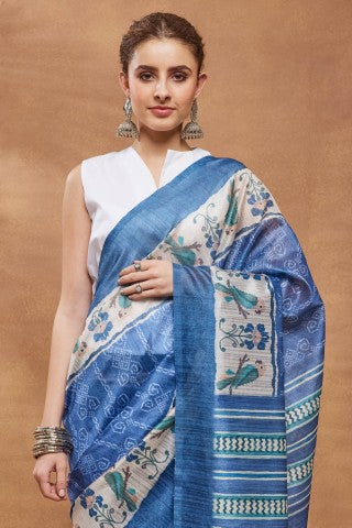 Blue Color Warli Printed Silk Blend Ready to Wear Saree