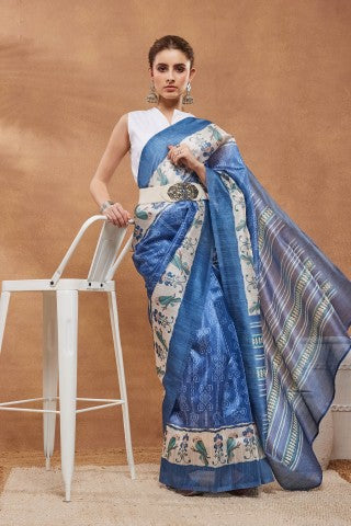 Blue Color Warli Printed Silk Blend Ready to Wear Saree