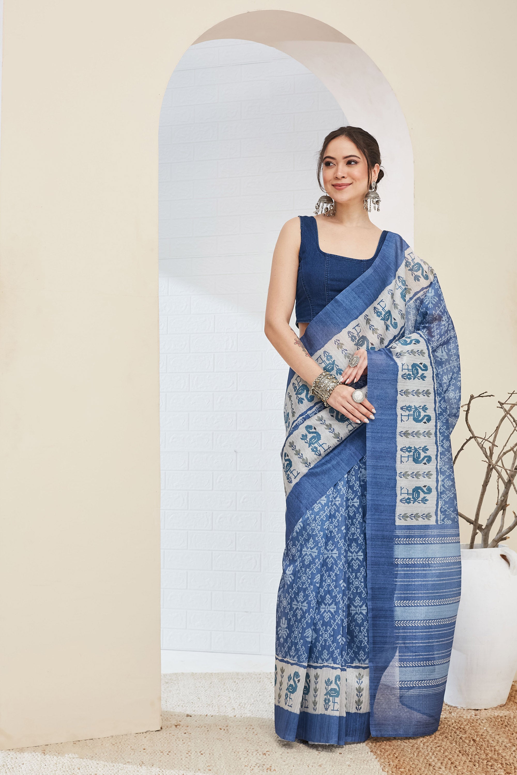 Blue Geometric Printed Silk Blend Ready To Wear Saree