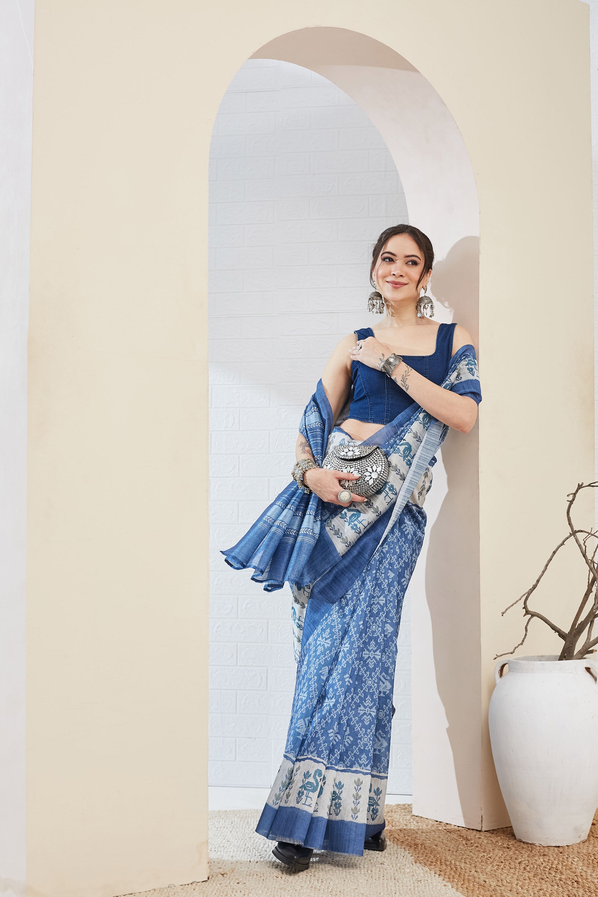 Blue Geometric Printed Silk Blend Ready To Wear Saree