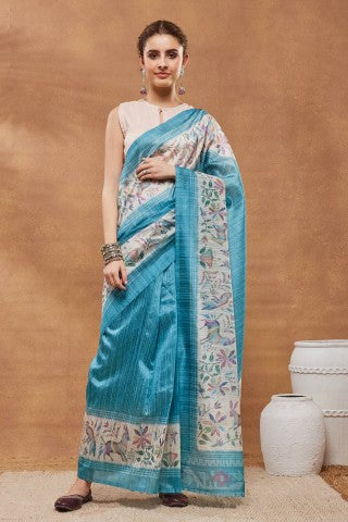 Turquoise Blue Abstract Printed Silk Blend Ready to Wear Saree