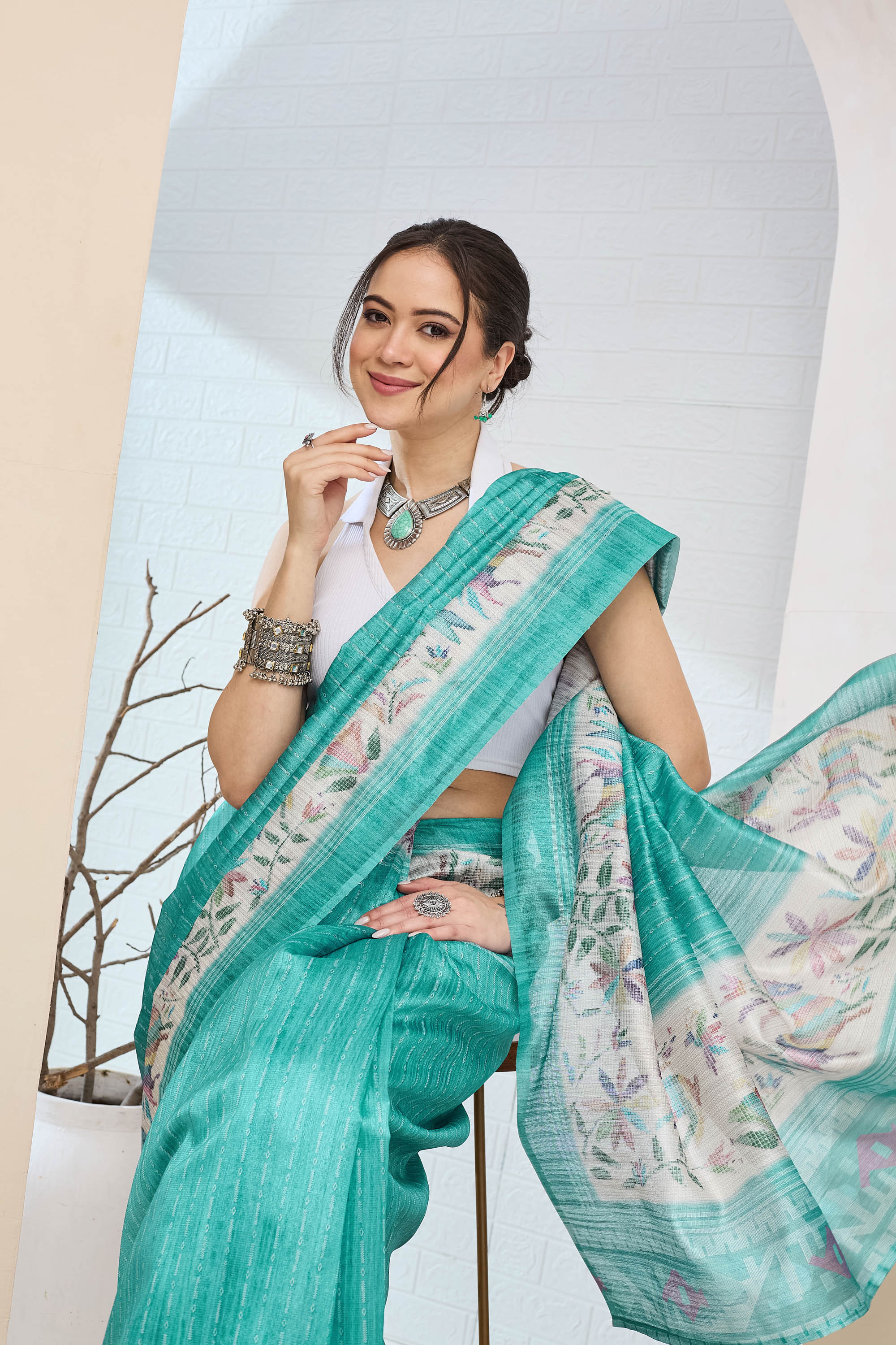 Turquoise Blue Geometric Printed Silk Blend Ready To Wear Saree
