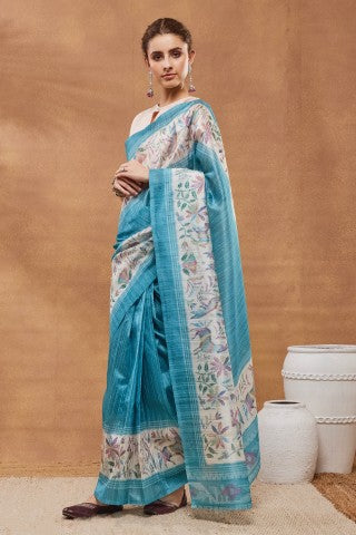 Turquoise Blue Abstract Printed Silk Blend Ready to Wear Saree