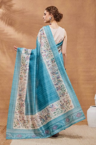 Turquoise Blue Abstract Printed Silk Blend Ready to Wear Saree