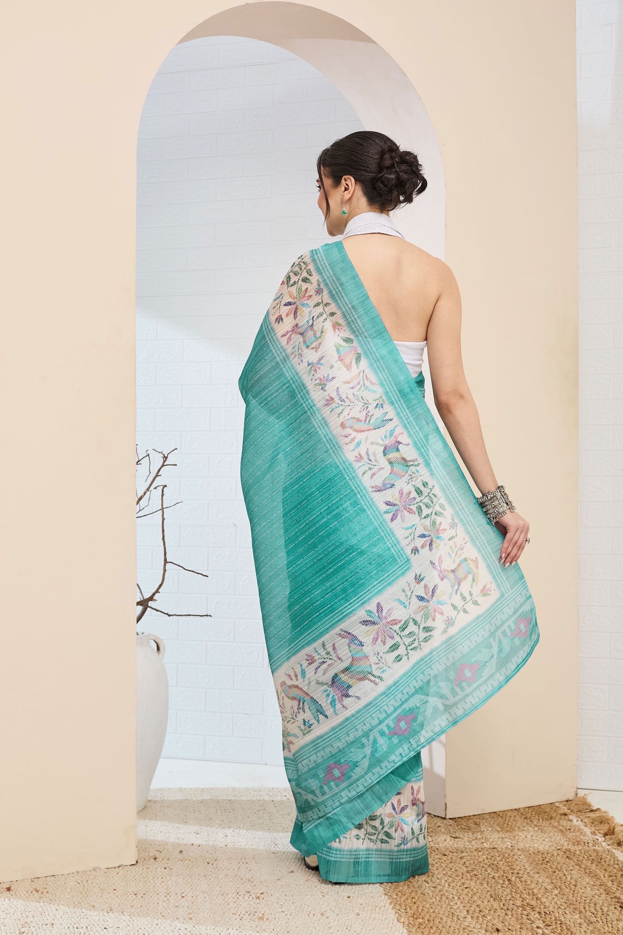Turquoise Blue Geometric Printed Silk Blend Ready To Wear Saree