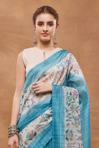 Turquoise Blue Abstract Printed Silk Blend Ready to Wear Saree