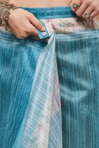 Turquoise Blue Abstract Printed Silk Blend Ready to Wear Saree
