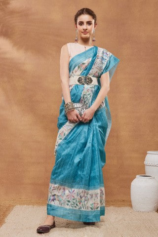 Turquoise Blue Abstract Printed Silk Blend Ready to Wear Saree