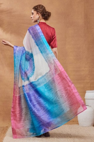 Blue Color Bandhani Printed Silk Blend Ready to Wear Saree