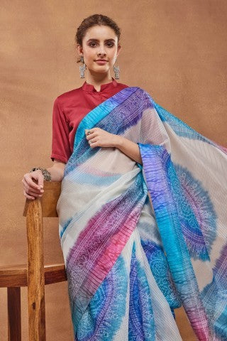 Blue Bandhani Printed Silk Blend Party Wear Saree