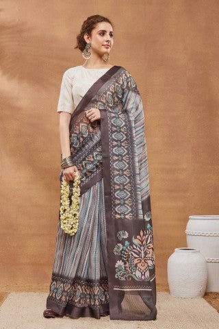 Brown Striped Printed Silk Blend Ready to Wear Saree