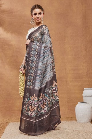 Brown Striped Printed Silk Blend Ready to Wear Saree