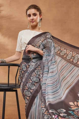 Brown Striped Printed Silk Blend Ready to Wear Saree