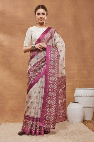 Off White Ethnic Motifs Printed Silk Blend Ready to Wear Saree