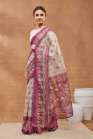 Off White Ethnic Motifs Printed Silk Blend Ready to Wear Saree