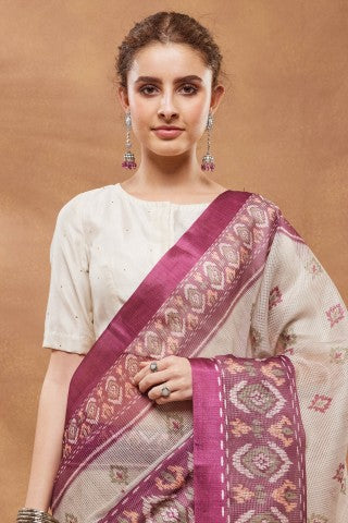 Off White Ethnic Motifs Printed Silk Blend Ready to Wear Saree