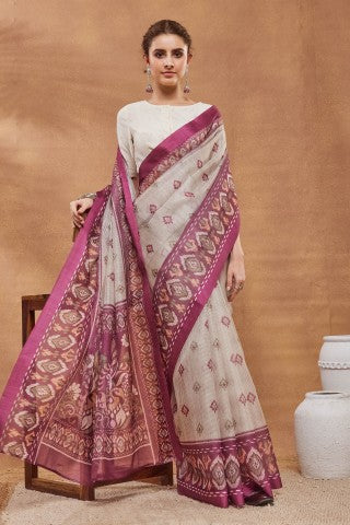 Off White Ethnic Motifs Printed Silk Blend Party Wear Saree