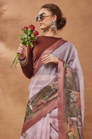 Pink Color Floral Printed Silk Blend Party Wear Saree