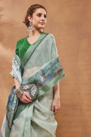 Pista Floral Printed Silk Blend Ready to Wear Saree