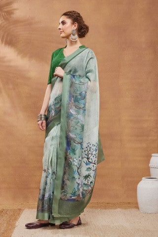 Pista Floral Printed Silk Blend Ready to Wear Saree