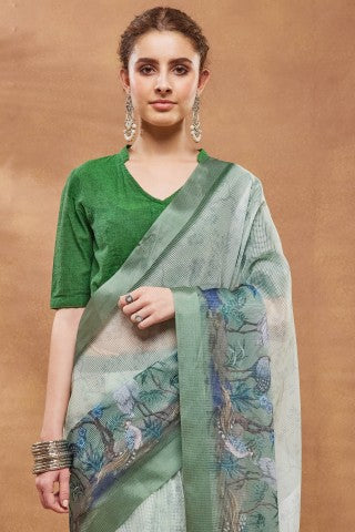 Pista Floral Printed Silk Blend Ready to Wear Saree