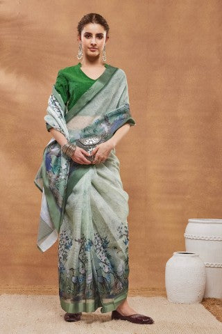 Pista Floral Printed Silk Blend Ready to Wear Saree