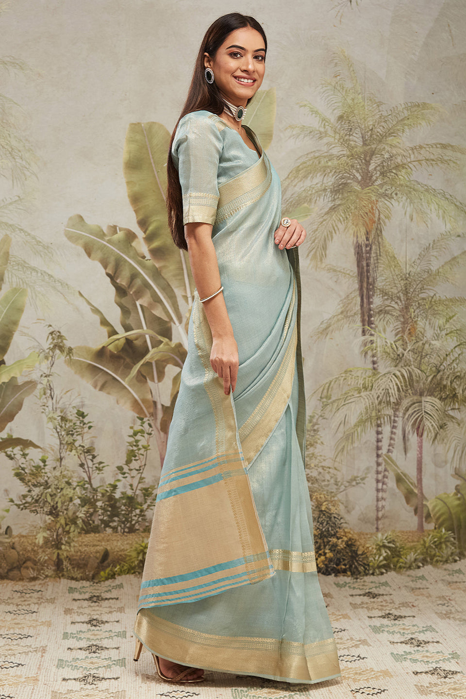 Kanjivaram Zari Border Cotton Silk Ready To Wear Saree