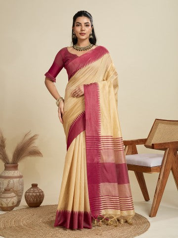 Cream Raw Silk Temple Border Traditional Silk Saree