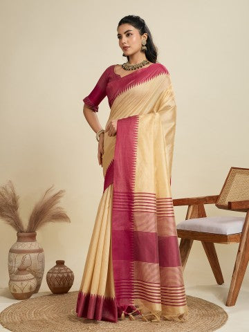 Cream Raw Silk Temple Border Traditional Silk Saree