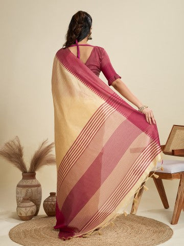 Cream Raw Silk Temple Border Traditional Silk Saree