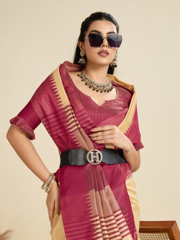 Cream Raw Silk Temple Border Traditional Silk Saree