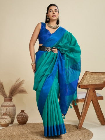 Firozi Raw Silk Temple Border Traditional Silk Saree
