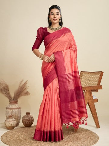 Gajri Color Raw Silk Temple Border Traditional Silk Saree