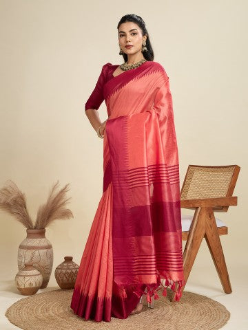 Gajri Color Raw Silk Temple Border Traditional Silk Saree