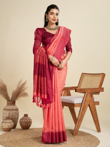 Gajri Color Raw Silk Temple Border Traditional Silk Saree