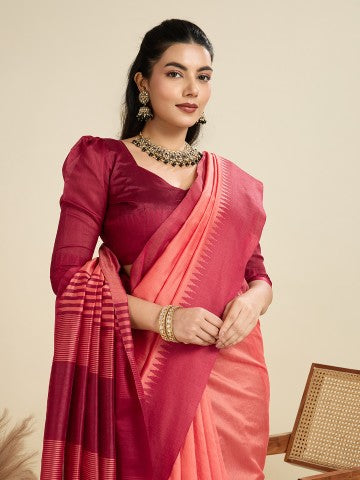 Gajri Color Raw Silk Temple Border Traditional Silk Saree