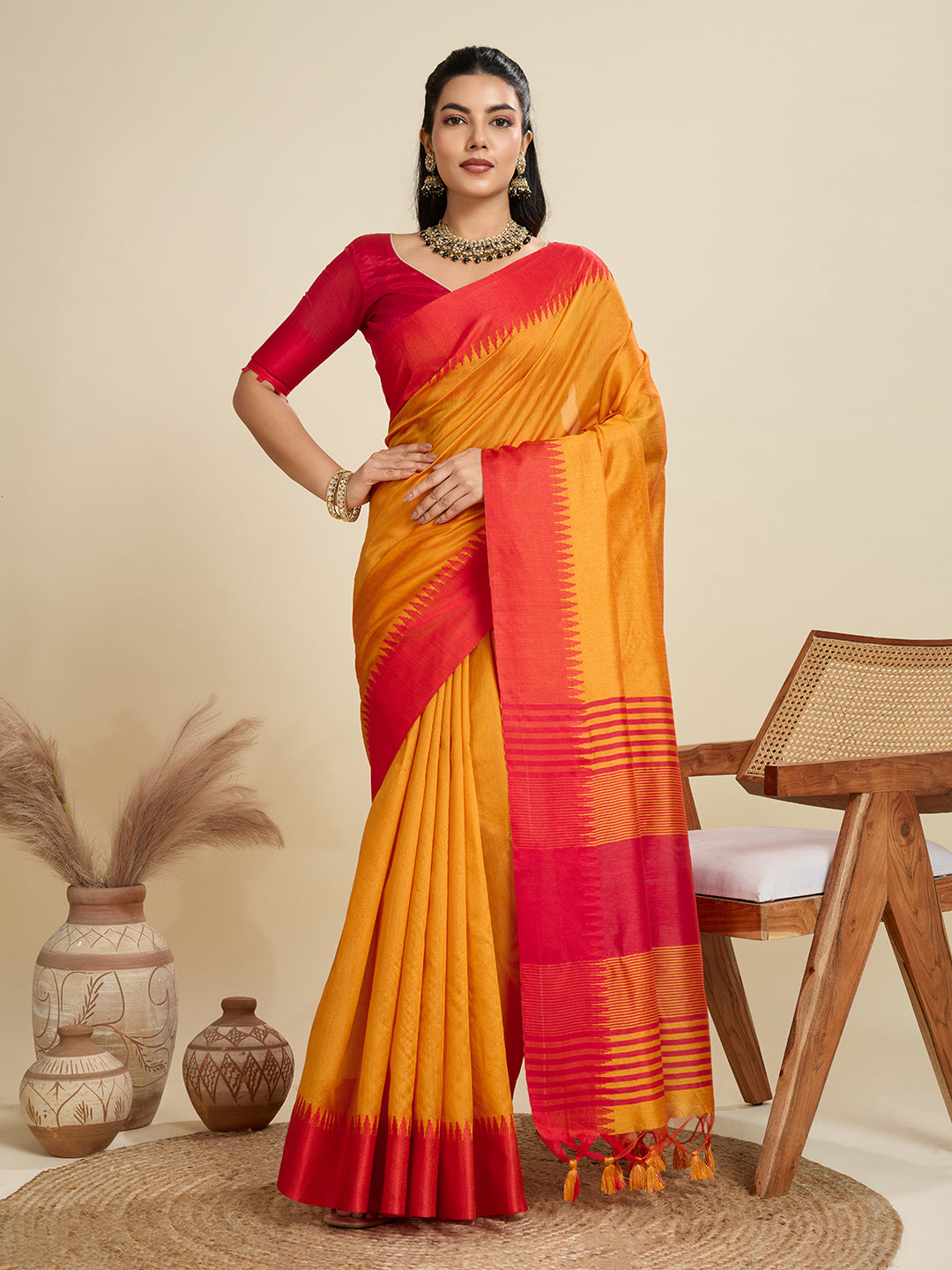 Masturd Color Raw Silk Temple Border Traditional Silk Saree