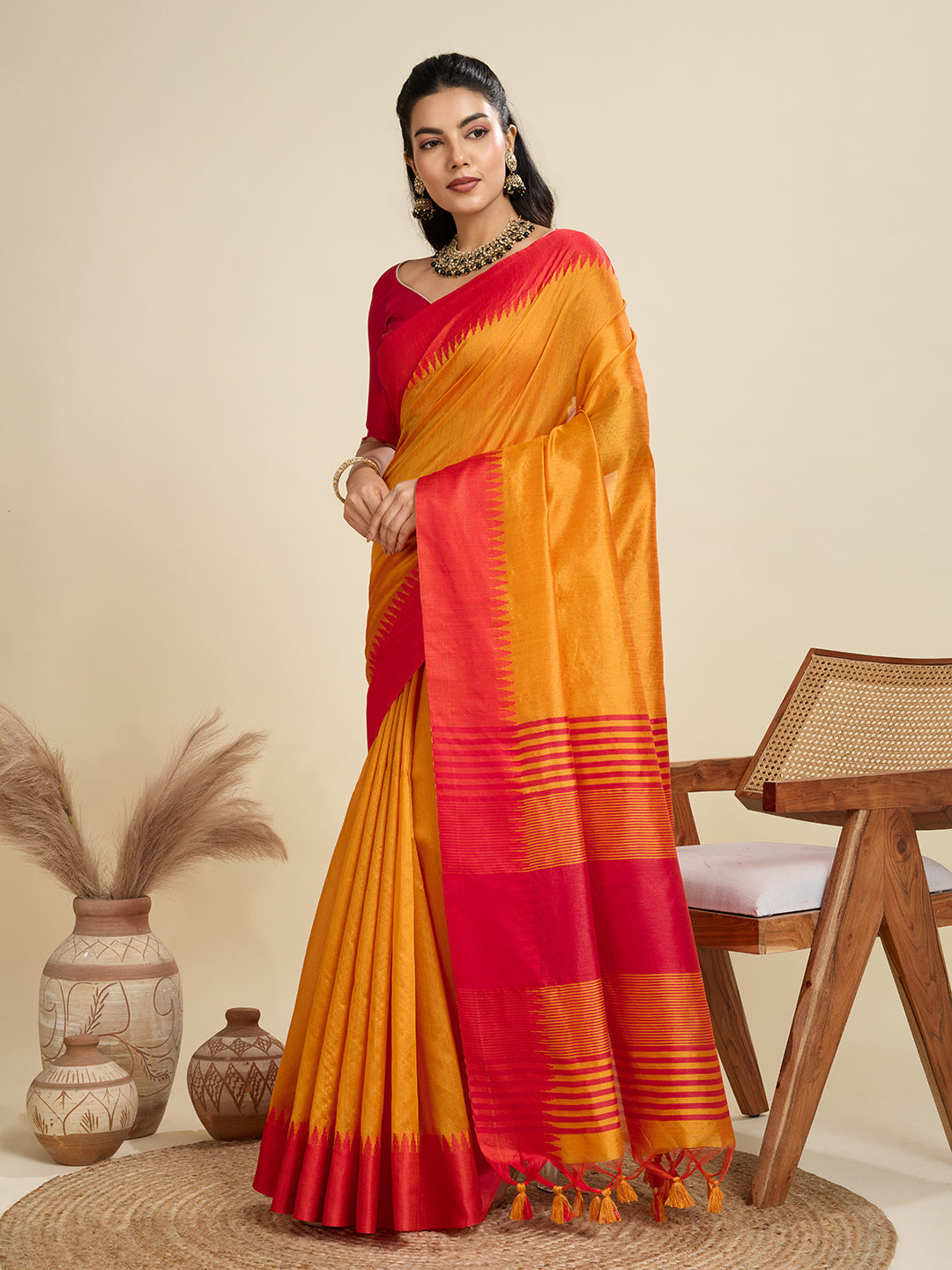 Masturd Color Raw Silk Temple Border Traditional Silk Saree
