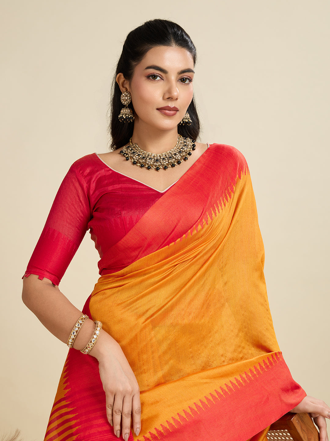 Masturd Color Raw Silk Temple Border Traditional Silk Saree