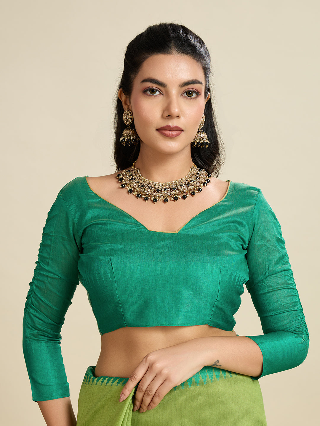 Parrot Green Raw Silk Temple Border Traditional Silk Saree