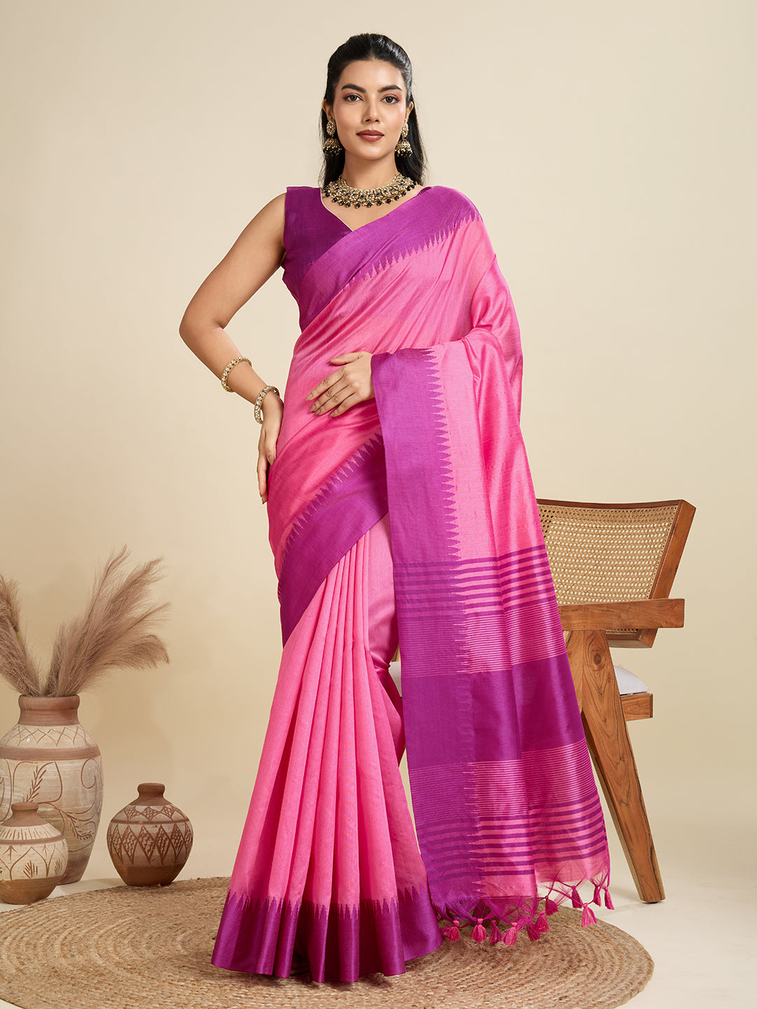 Pink Color Raw Silk Temple Border Traditional Silk Saree