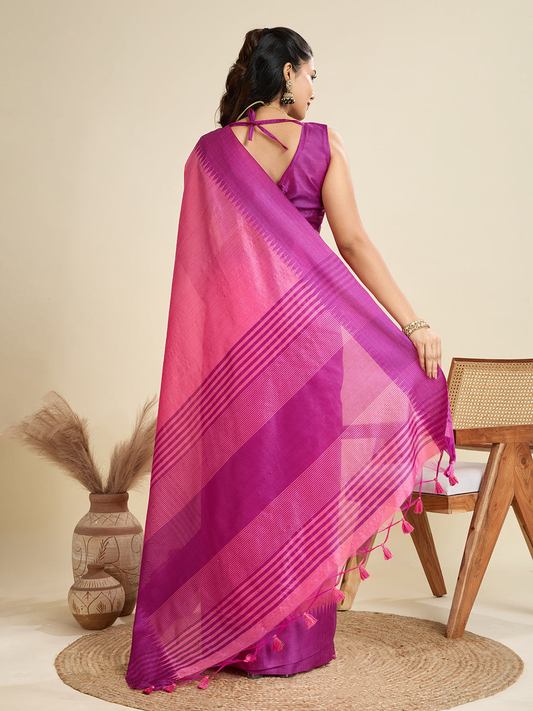 Pink Color Raw Silk Temple Border Traditional Silk Saree
