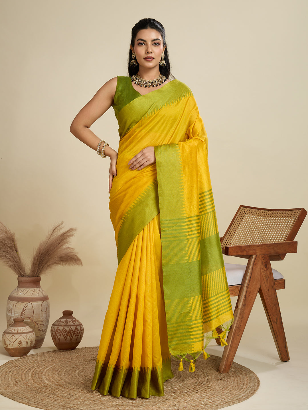 Yellow Color Raw Silk Temple Border Traditional Silk Saree