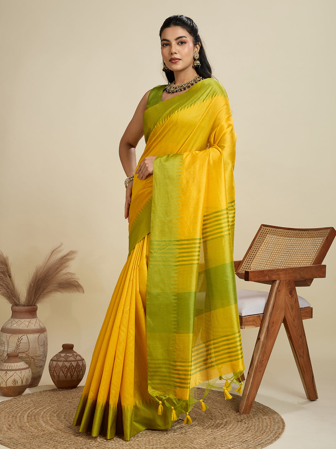 Yellow Color Raw Silk Temple Border Traditional Silk Saree