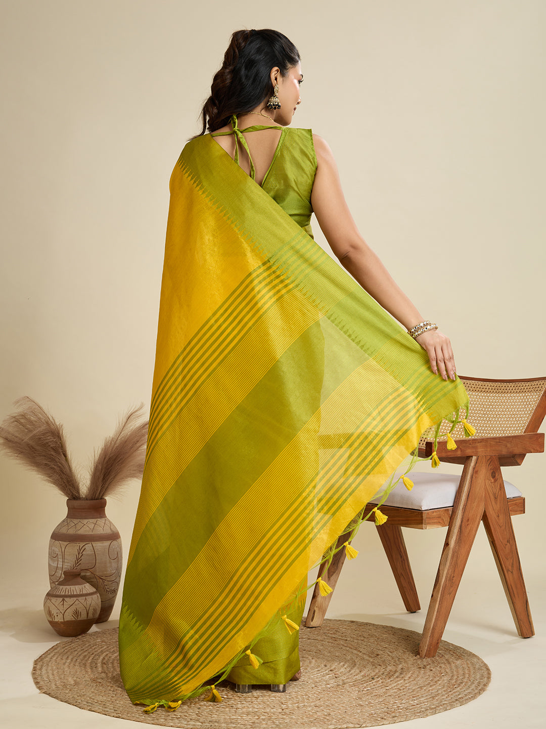 Yellow Color Raw Silk Temple Border Traditional Silk Saree