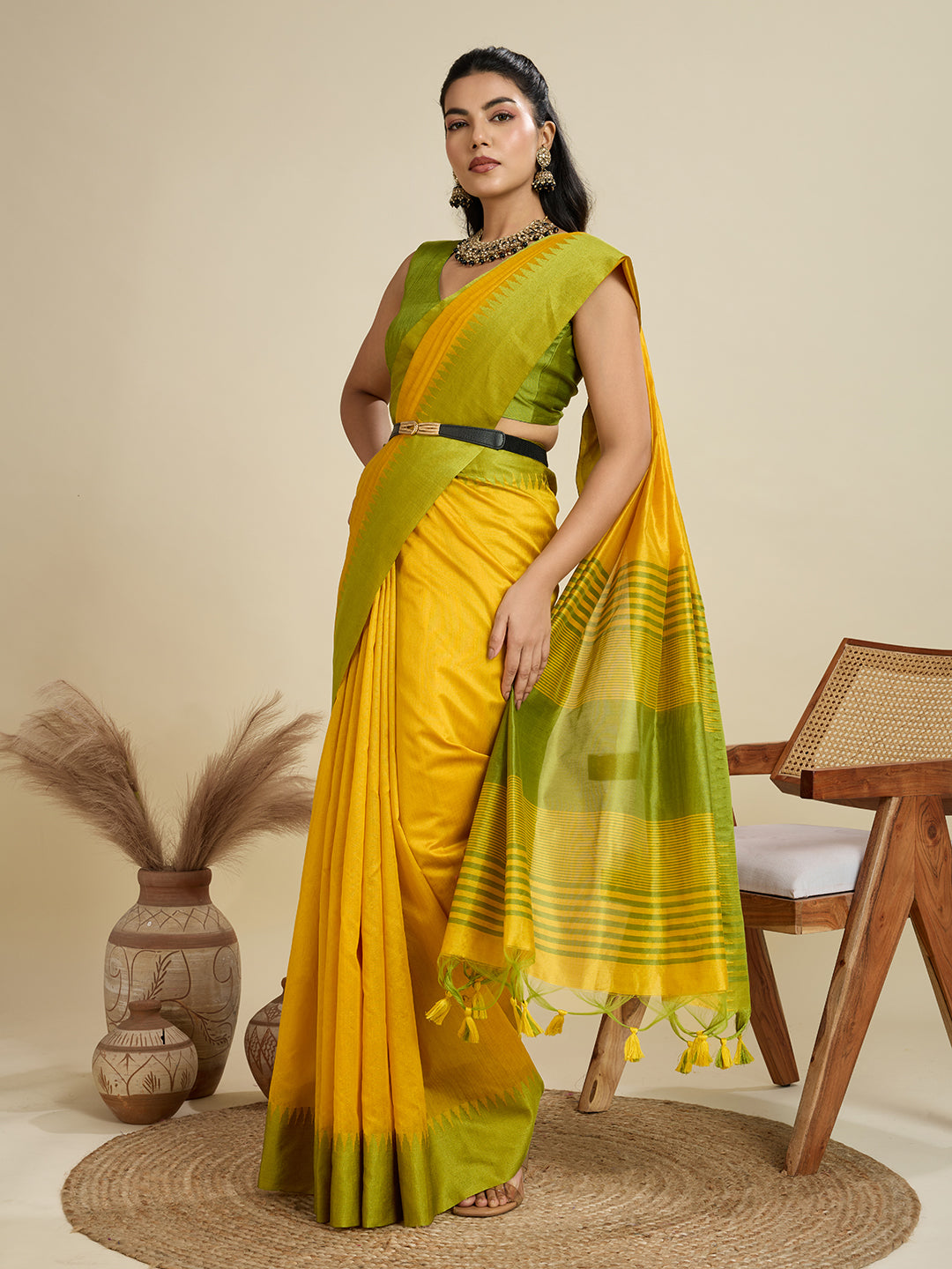 Yellow Color Raw Silk Temple Border Traditional Silk Saree