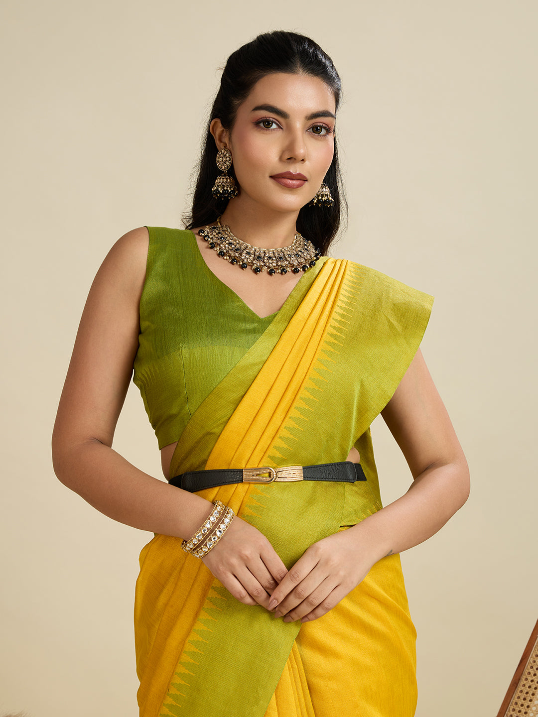 Yellow Color Raw Silk Temple Border Traditional Silk Saree